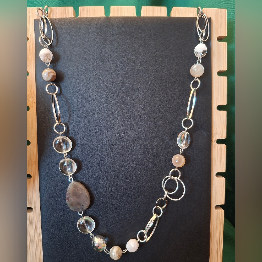 VINTAGE Whimsical Silver Tone, White and Brown Necklace